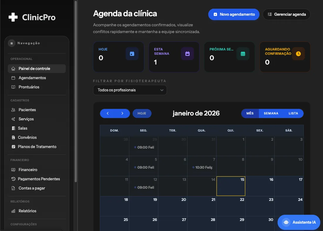 Painel de agenda da clínica no ClinicPro