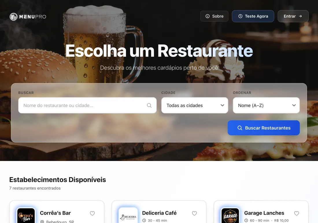 Tela de busca de restaurantes do Menu Pro